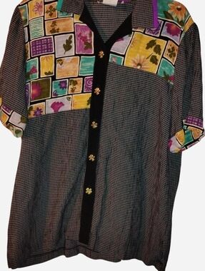 Vintage Peter Popovitch 90s Rayon Blouse M Floral Patchwork Art Teacher Boho